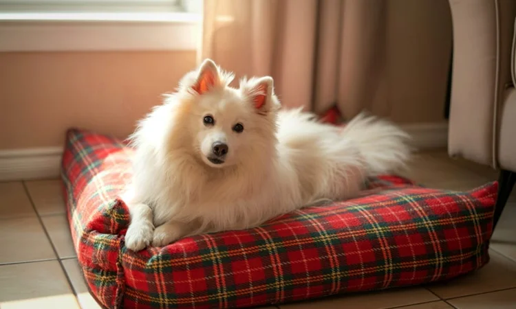 A fluffy white spitz dog lying happily on their red tartan mattress dog bed