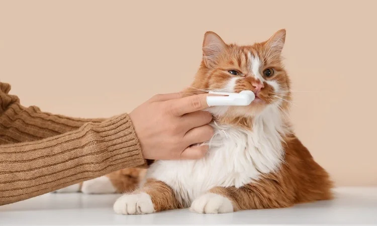 A white and ginger long-haired cat having their teeth brushed